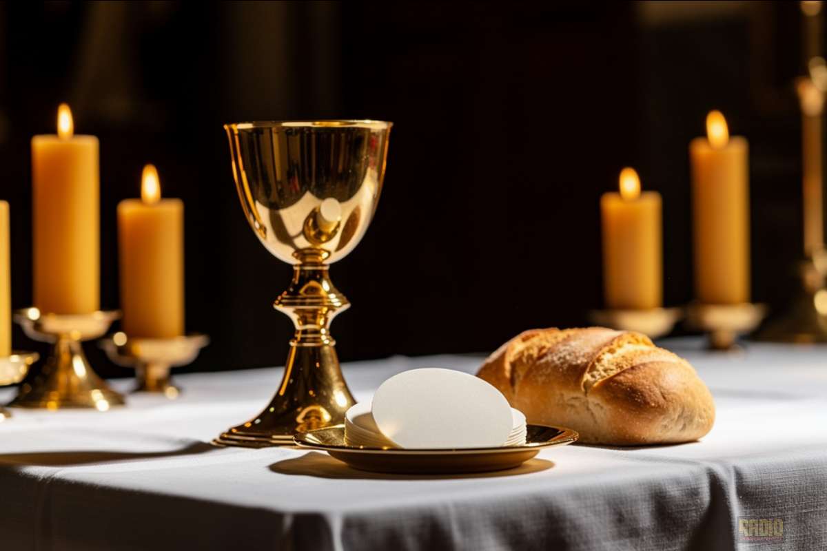 Altar litúrgico da Quinta-feira Santa com cálice, pão e velas